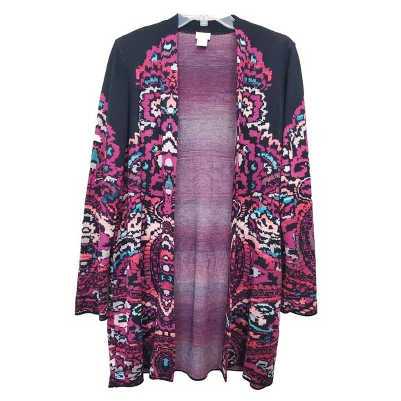 Chico's Jacquard Paisley Print Long Open Front Cardigan Size 2 Large Boho - Picture 1 of 6